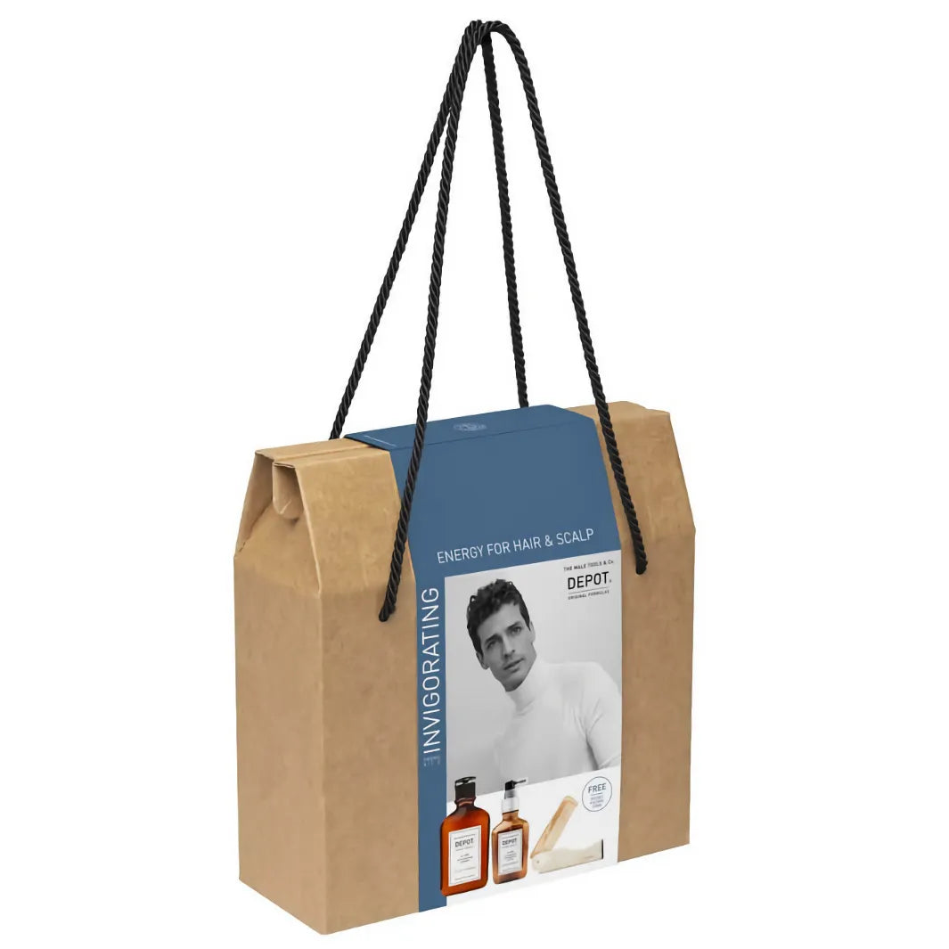 Depot Invigorating Set – Belebendes Pflegeset für Haar & Kopfhaut mit Shampoo, Lotion & Styling-Kamm